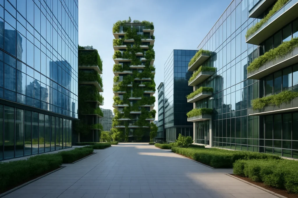 Complesso moderno di uffici in Italia con architettura sostenibile e facciate in vetro.