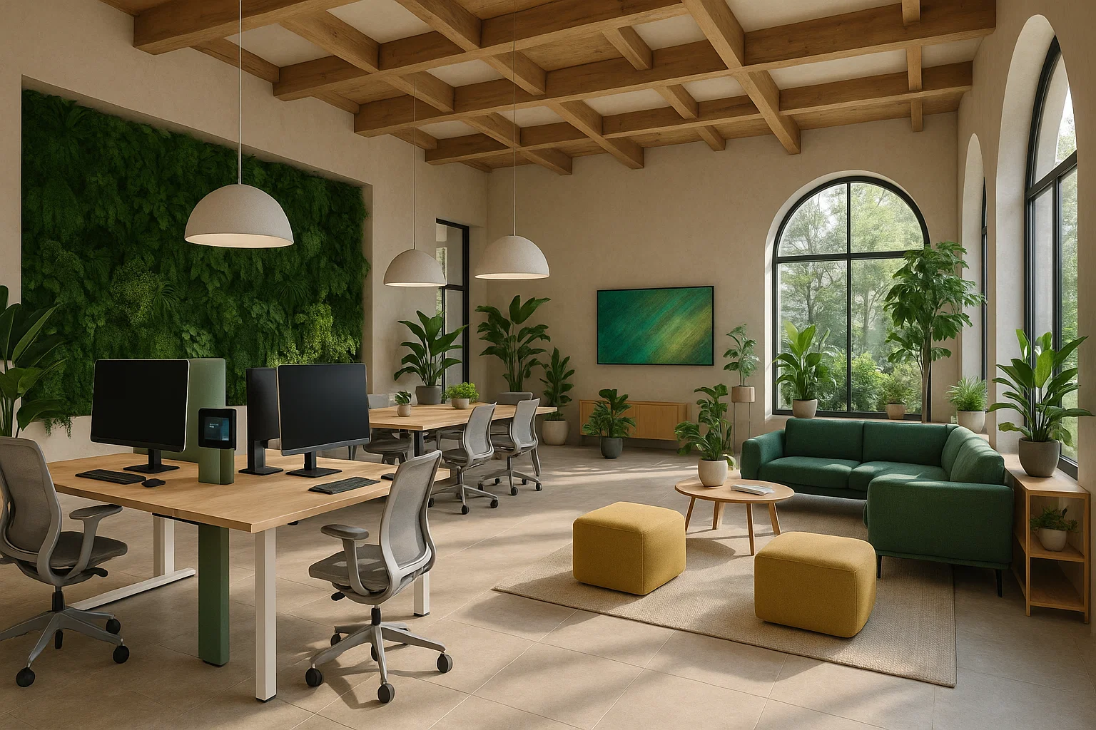Esplorando le Tendenze degli Spazi di Coworking nel 2024: Cosa Aspettarsi nel Futuro degli Spazi di Lavoro 1 Spazio di coworking moderno in Italia con design modulare, verde verticale e soluzioni sostenibili.