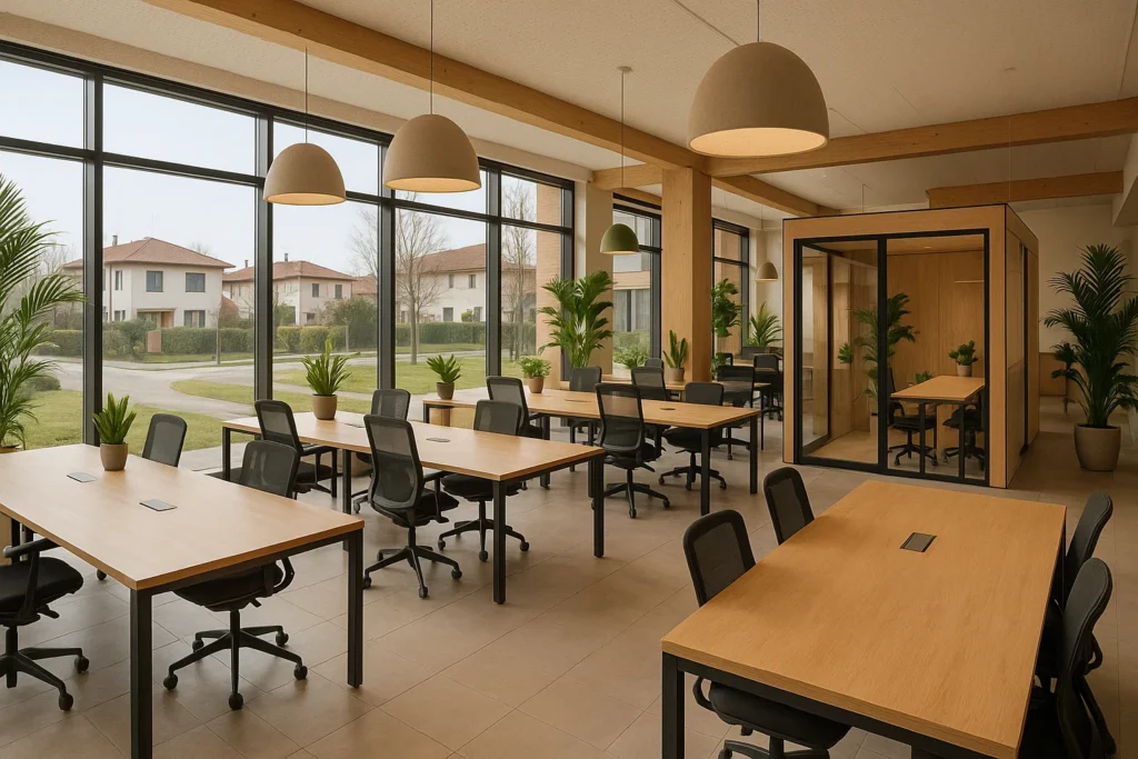 Spazio di coworking moderno nelle periferie di Milano con design luminoso, verde e sale modulari.