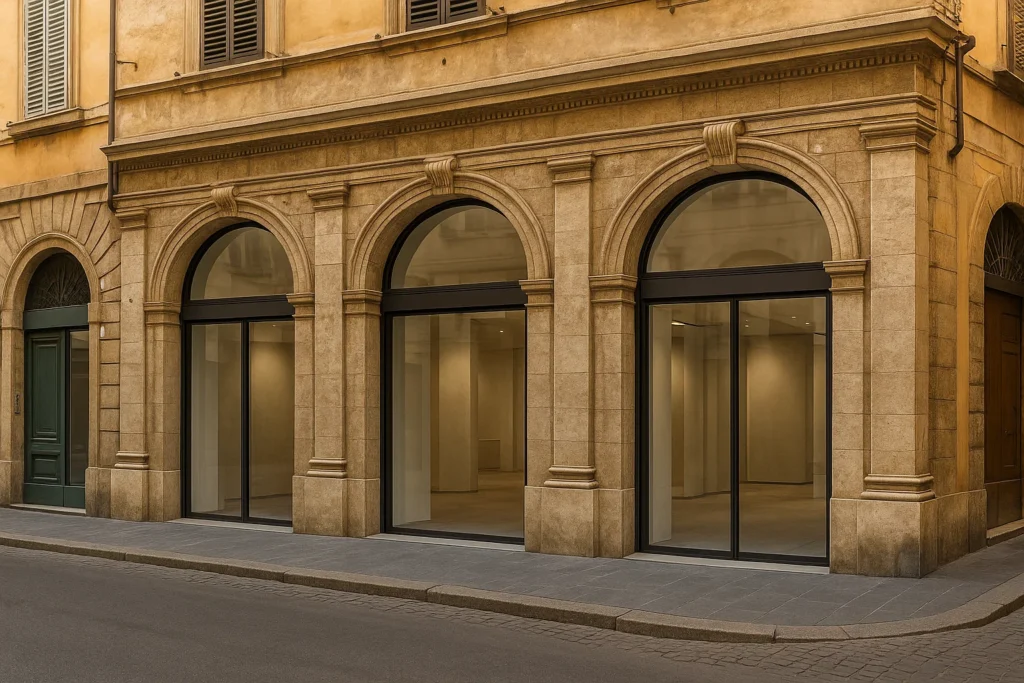Edificio commerciale storico in Italia riadattato a spazio moderno con dettagli architettonici tradizionali e design contemporaneo.