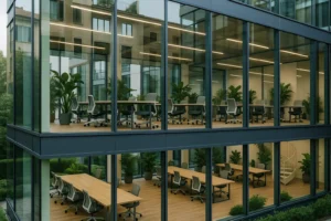 Edificio per uffici moderni in Italia con spazi di coworking e design sostenibile.