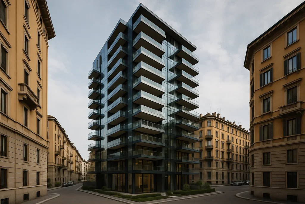 Edificio residenziale moderno a Milano Porta Nuova con facciate in vetro e canoni d’affitto elevati.