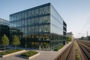 Centro direzionale moderno vicino a una stazione ferroviaria di Milano con facciata in vetro, architettura contemporanea e dettagli verdi esterni.