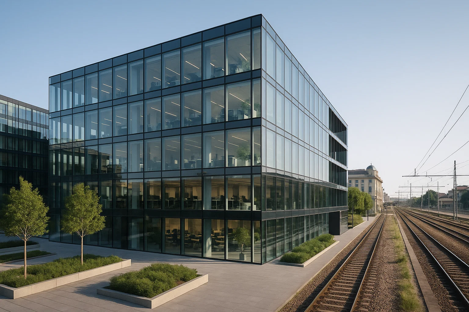 Centro direzionale moderno vicino a una stazione ferroviaria di Milano con facciata in vetro, architettura contemporanea e dettagli verdi esterni.