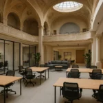 Spazio di coworking in una città secondaria italiana, ricavato da un edificio storico con design moderno, arredi ergonomici e aree condivise luminose.