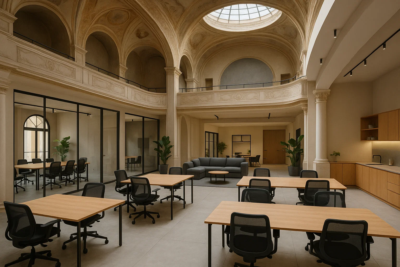 Nuove Capitali del Lavoro: I Business Hub Emergenti nelle Città Secondarie d’Italia 1 Spazio di coworking in una città secondaria italiana, ricavato da un edificio storico con design moderno, arredi ergonomici e aree condivise luminose.